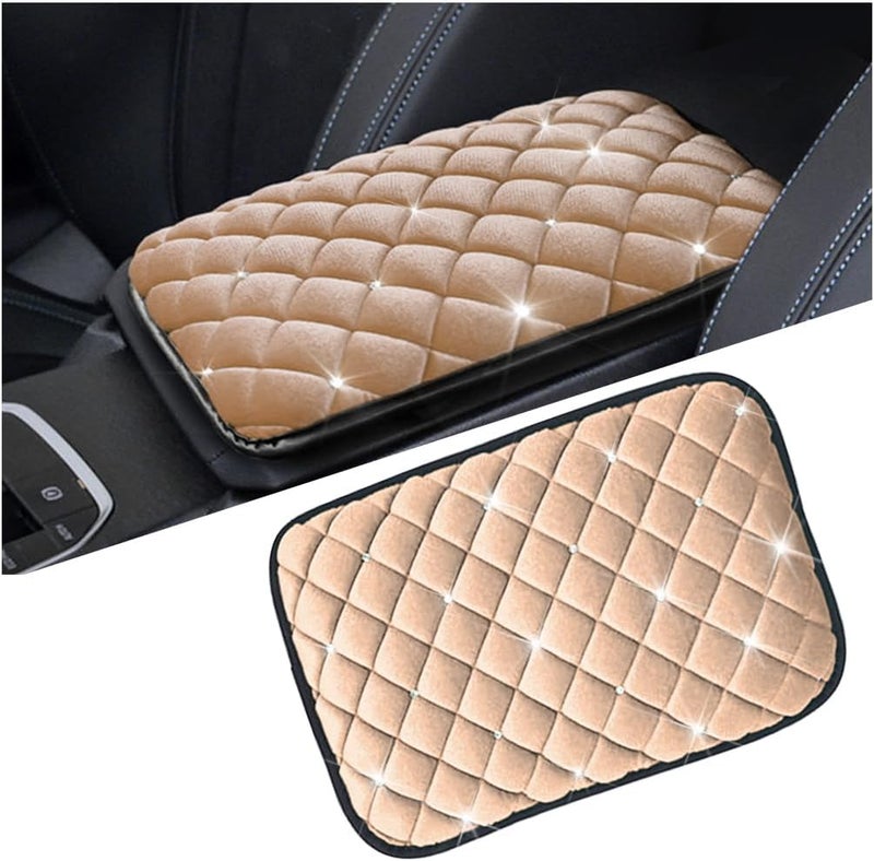 Mandark Bling Car Center Console Cover, Crystal Rhinestone Fluffy Automotive Armrest Seat Box Cushion Pad, Soft Comfortable Diamond Arm Rest Protection Mat, Universal Vehicle Accessories (Beige) - Image 1